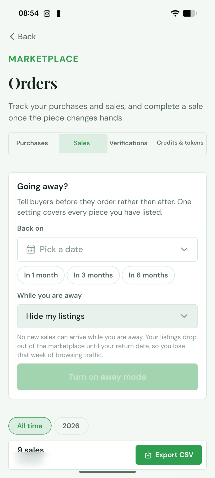 The Going away panel on the Sales tab, with quick buttons for one, three and six months