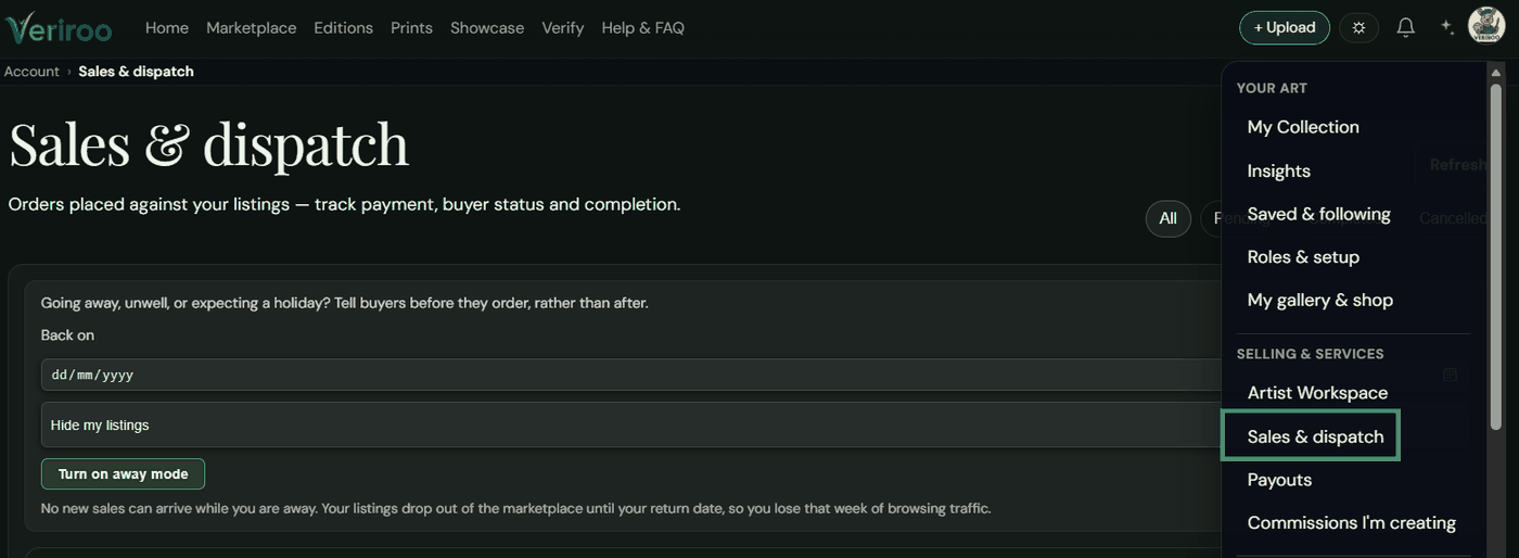 The Going away panel on the Sales and dispatch page, with a return date field and the away setting