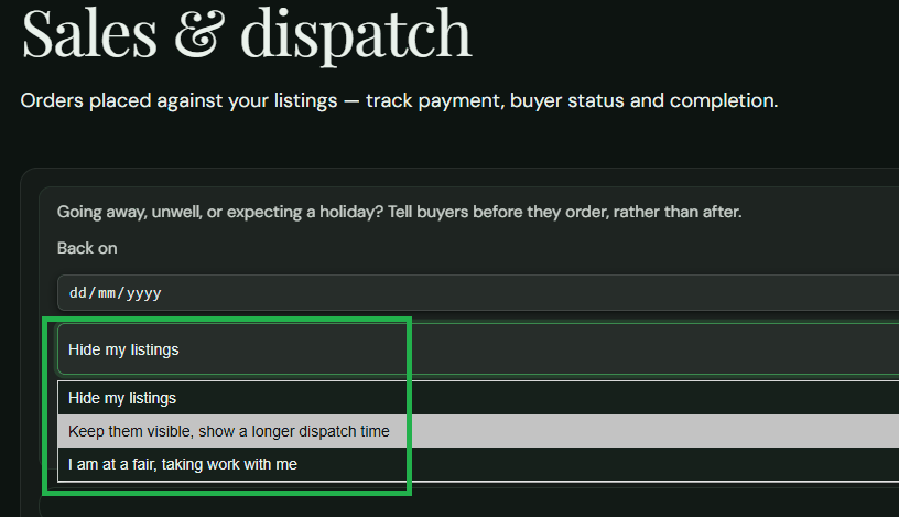 The away setting list open on the web, showing the three choices