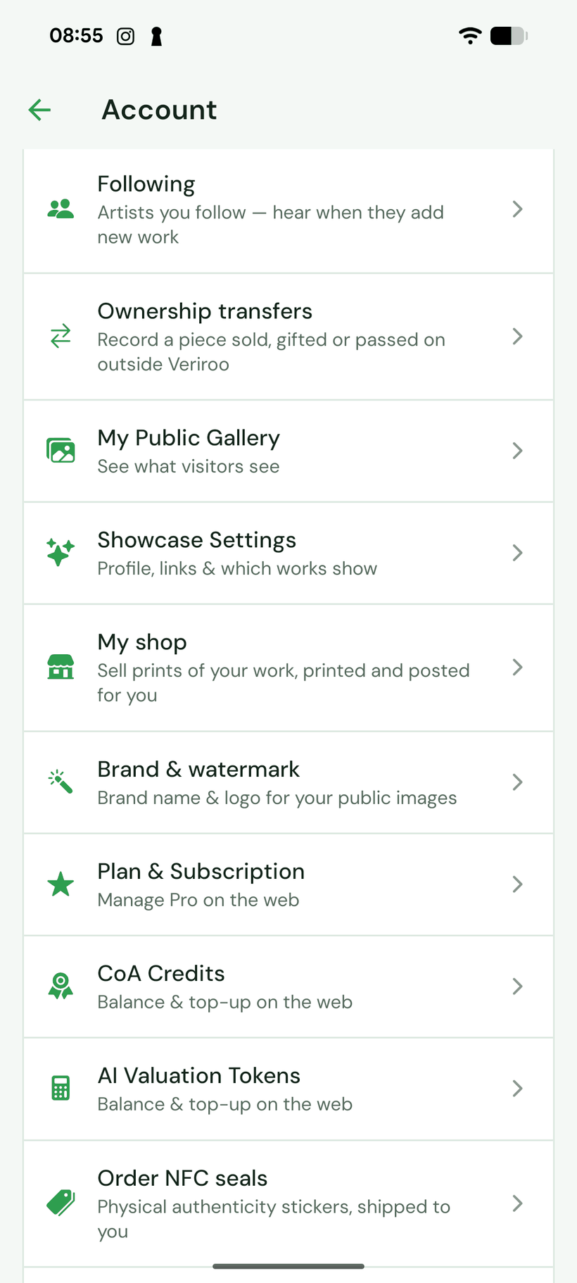The account menu in the app, with My shop between Showcase Settings and Brand and watermark