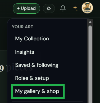 The Veriroo account menu on the web, with My gallery and shop highlighted