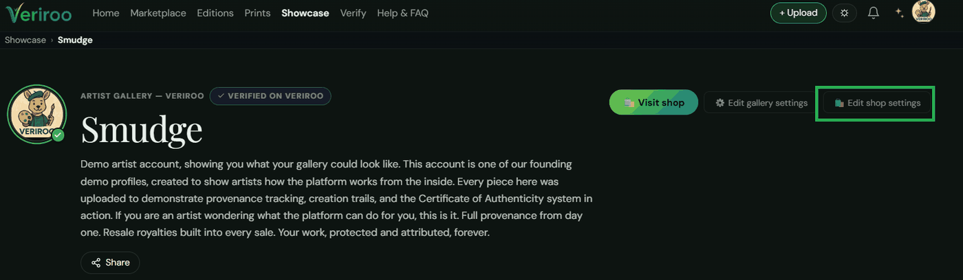 An artist gallery page with Visit shop, Edit gallery settings and Edit shop settings