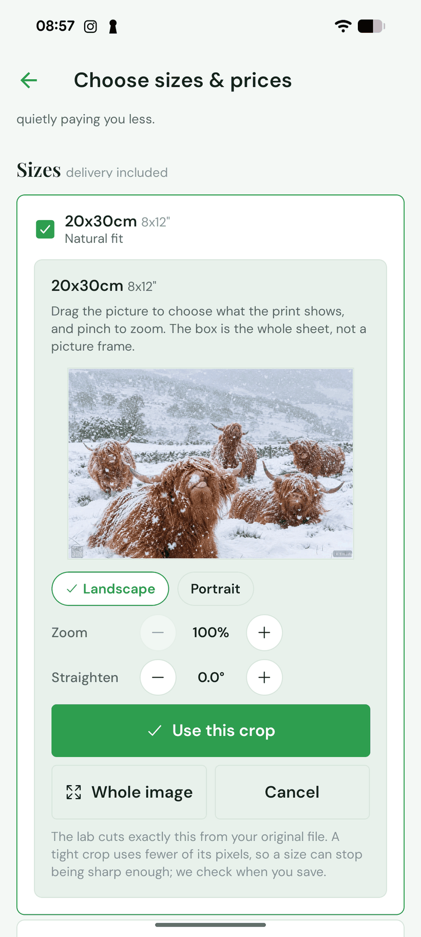 The same crop tool on a phone, with Use this crop and Whole image