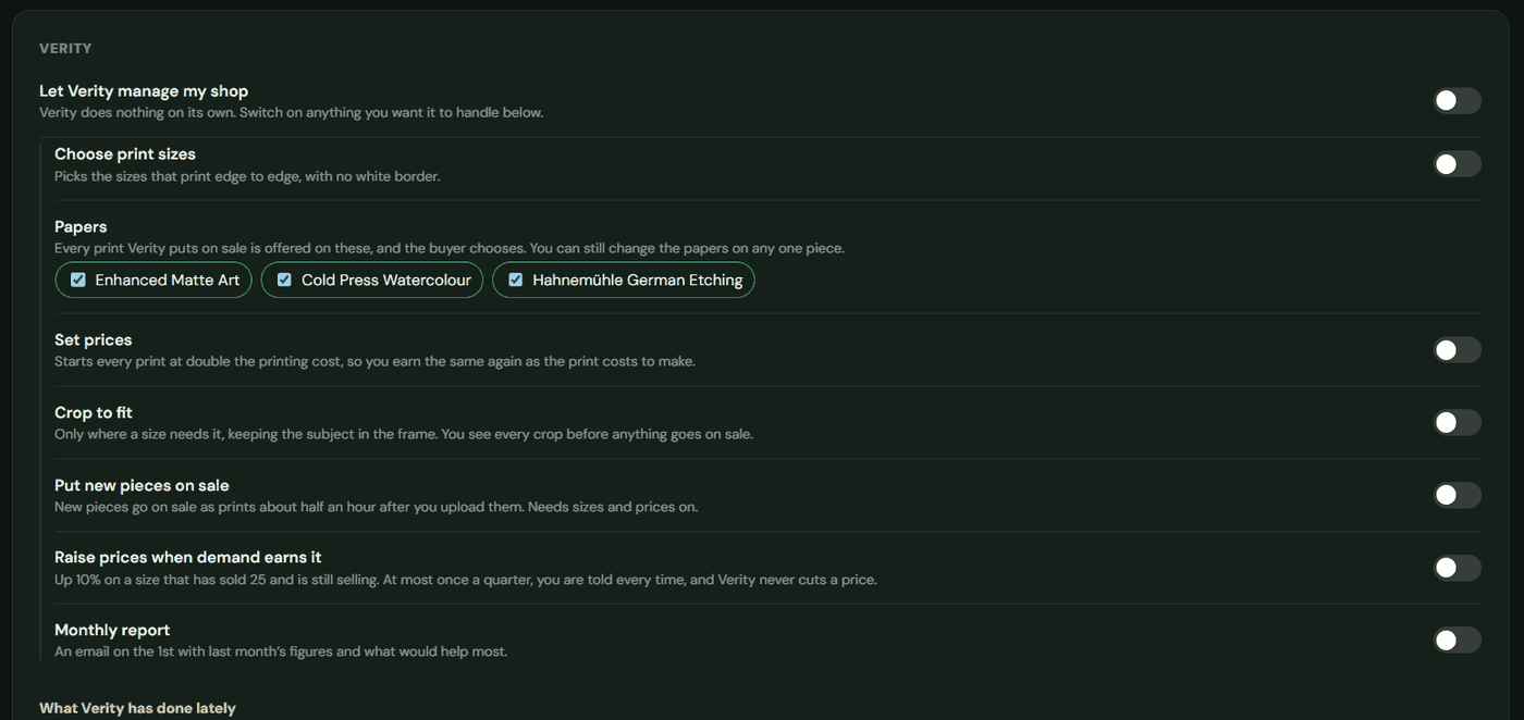 The Verity panel on the web, with a separate switch for each job it can do