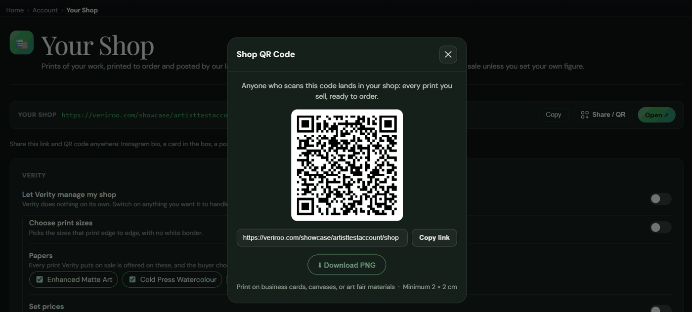 The shop link with Copy and Share, and the QR code ready to download