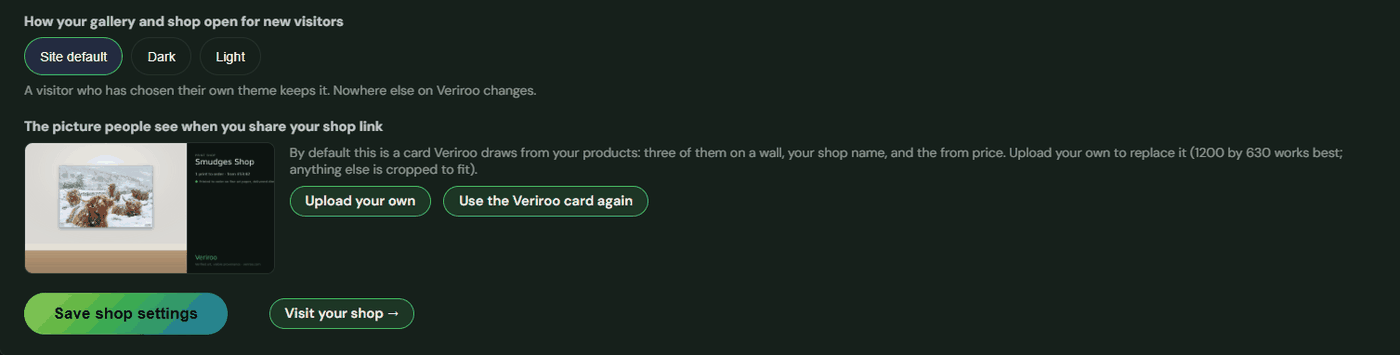 The share card Veriroo draws from your products, with the option to upload your own